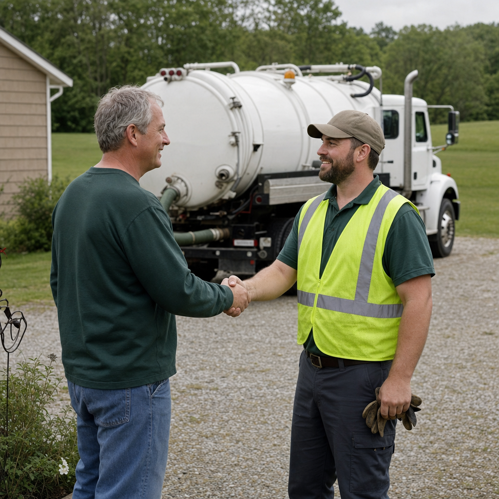 A septic technician shaking a San Antonio homeowner's hand beside the service truck after a completed pump-out