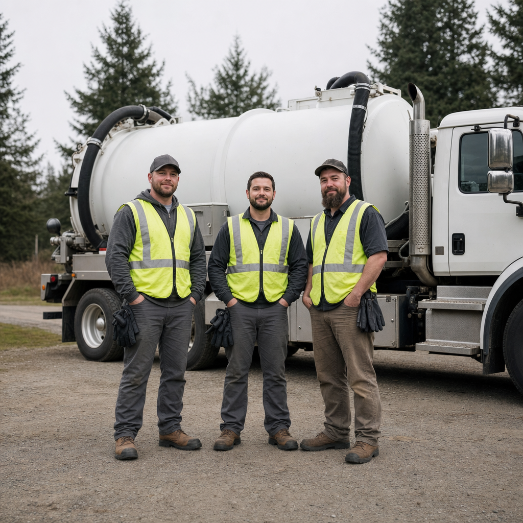 The San Antonio septic pumping crew standing together beside their clean white vacuum truck on a residential street