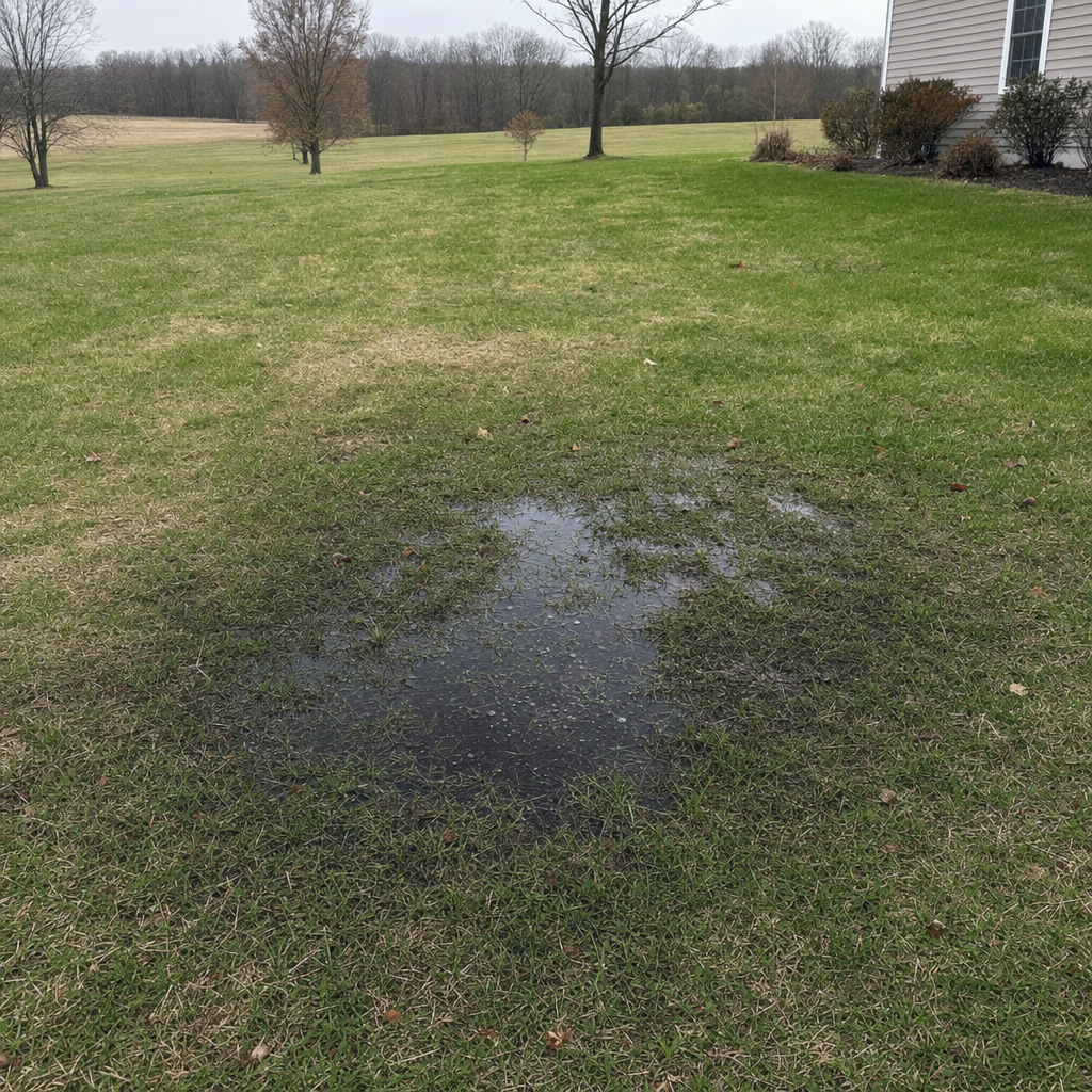 A dark, saturated wet spot in a San Antonio backyard lawn marking a failing cesspool at capacity