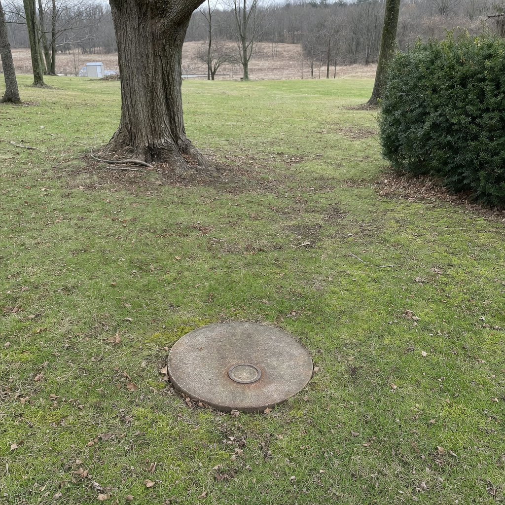 An older round cesspool access lid set flush in an established, mature San Antonio backyard lawn