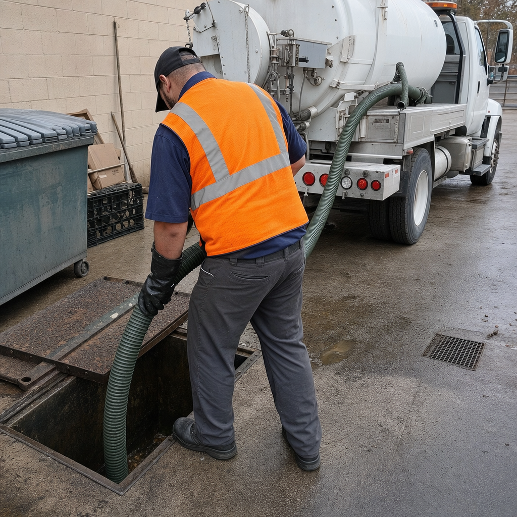 Technician pumping a grease trap behind a San Antonio restaurant