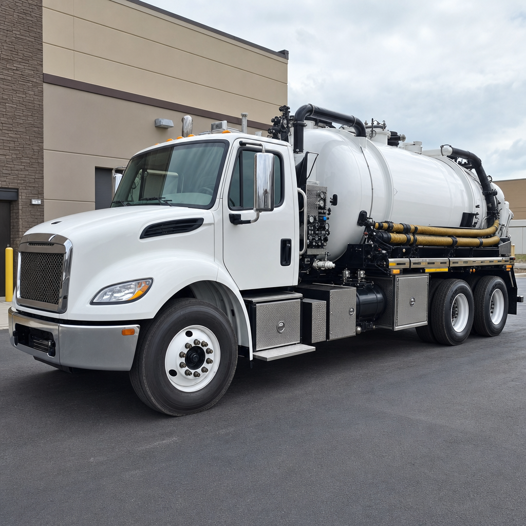 Commercial septic vacuum truck parked in a San Antonio business parking lot