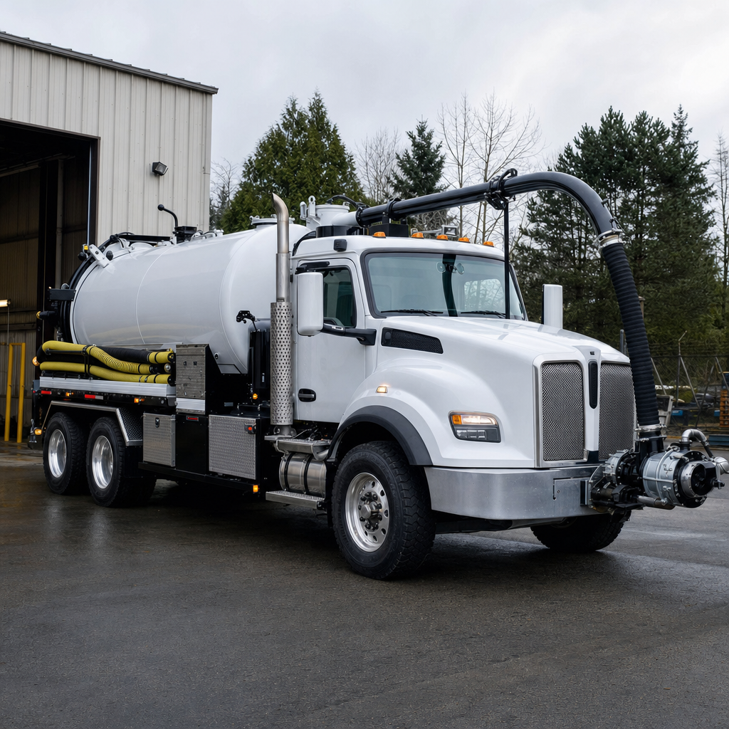 A clean white septic vacuum truck rolling out of a tidy San Antonio service depot at the start of the day