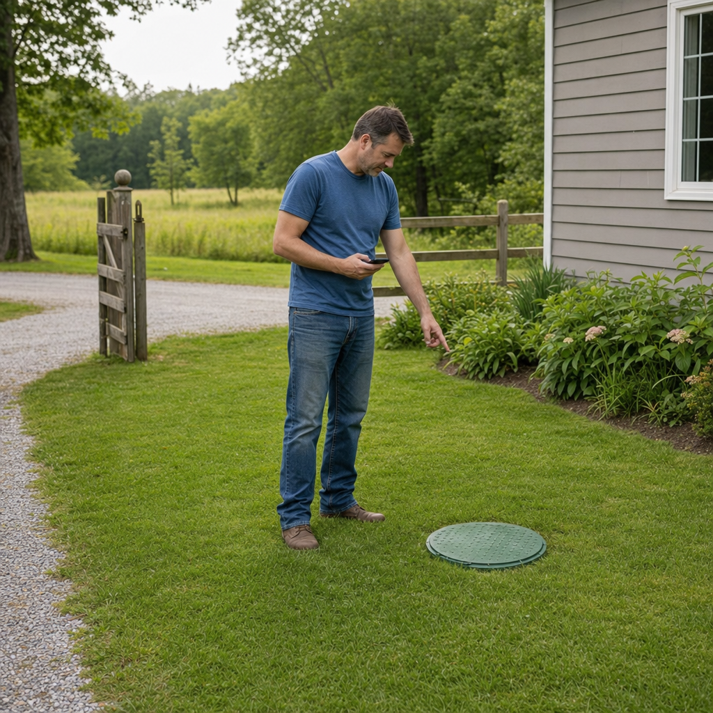 A San Antonio-area homeowner standing in the backyard noting where the septic tank lid and access route are located