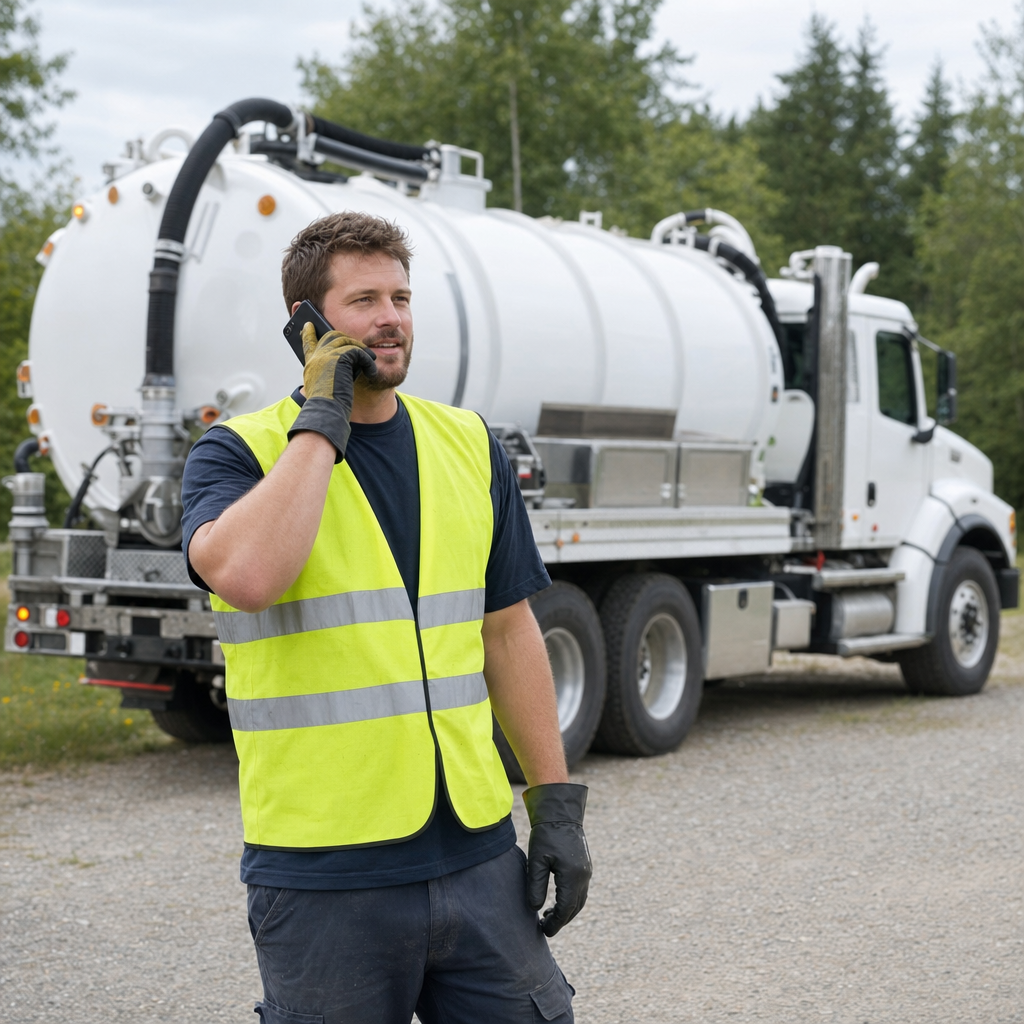 A friendly septic dispatcher holding a phone, ready to answer a San Antonio homeowner's call about a pump-out