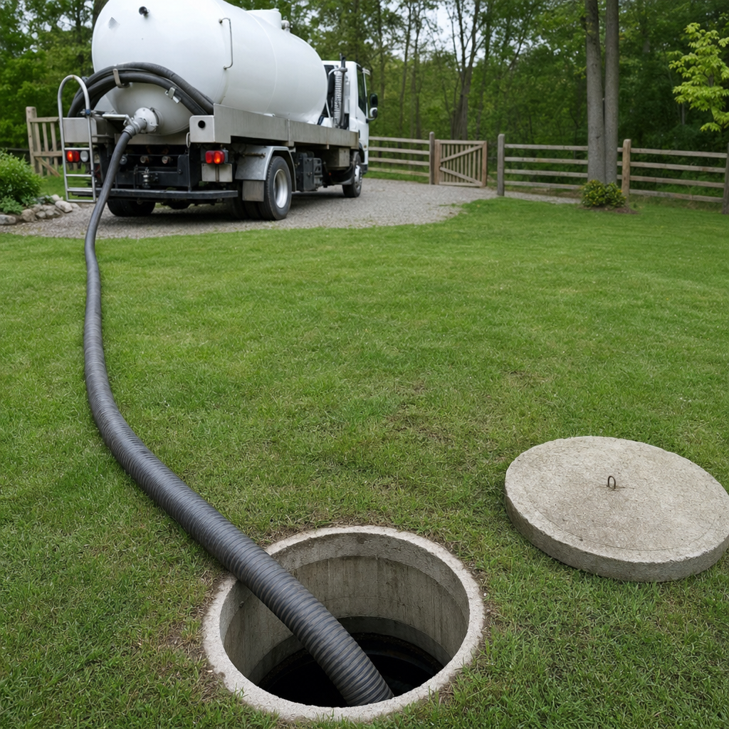 Suction hose connected to an open septic tank, drawing it down in a tidy San Antonio yard