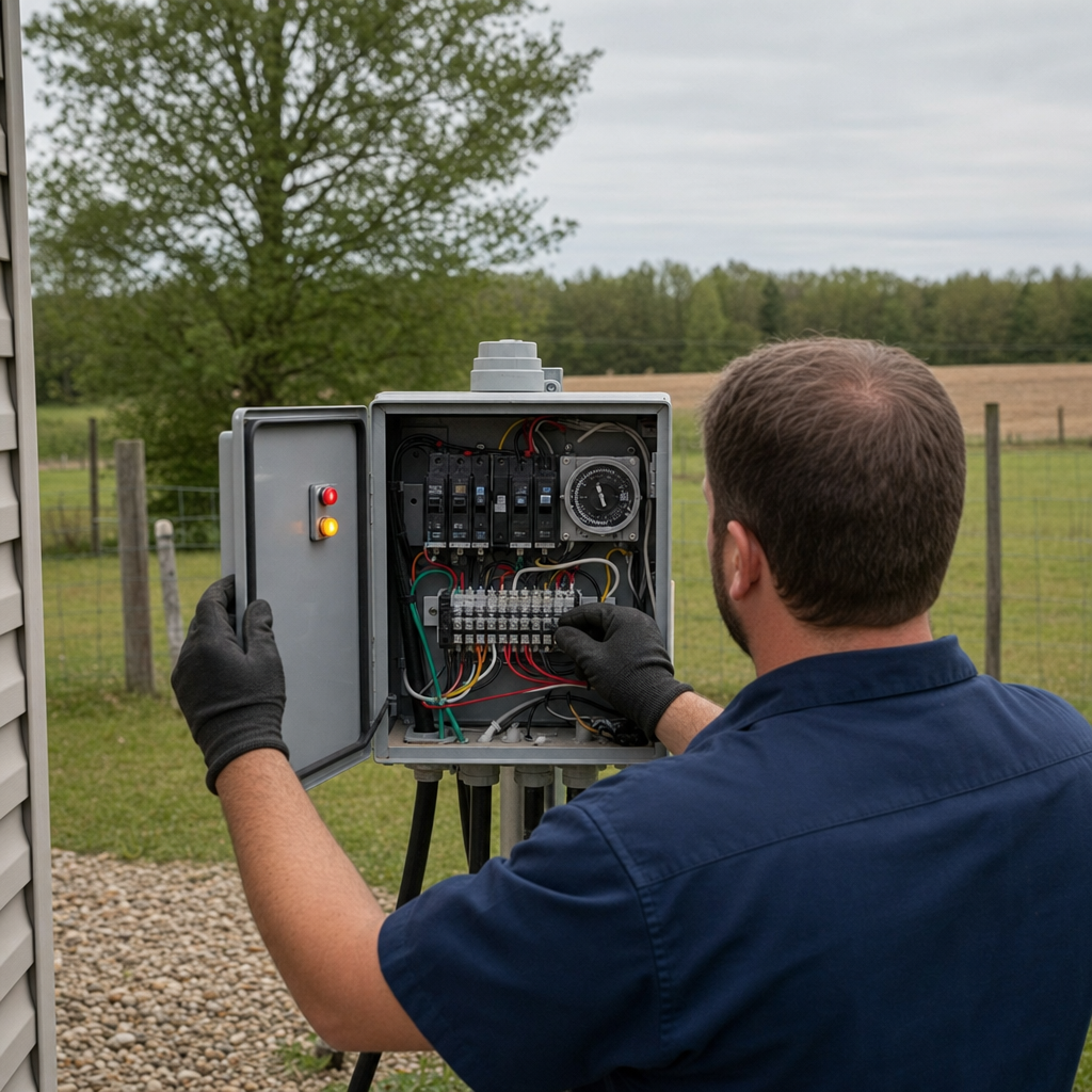 Technician checking an aerobic septic control box with a lit red high-water alarm during a same-day San Antonio visit