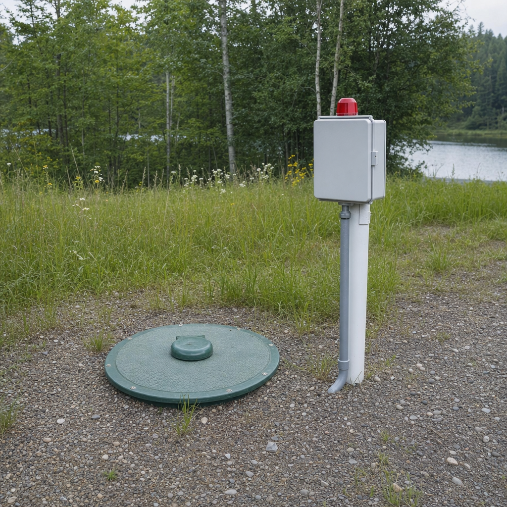 A wastewater holding tank access lid set in the ground at a rural San Antonio-area cabin, with a mounted high-level float alarm panel nearby