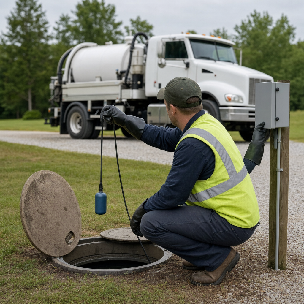 A septic technician in a high-visibility vest checking a high-level float switch and alarm panel on a holding tank at a rural San Antonio-area site