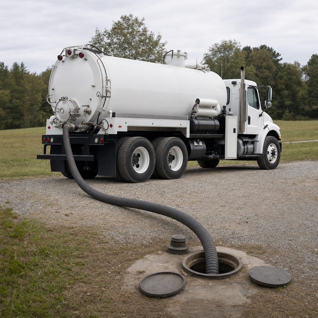 An unmarked white vacuum truck emptying a wastewater holding tank on a scheduled visit at a rural San Antonio-area property, thick suction hose running to the tank lid