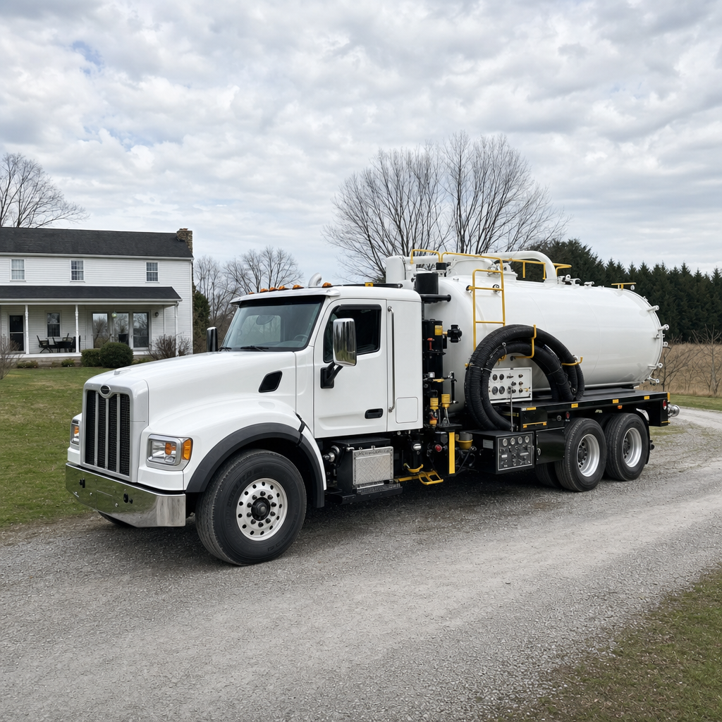 A clean white septic vacuum truck parked on a tidy San Antonio driveway with the suction hose neatly coiled