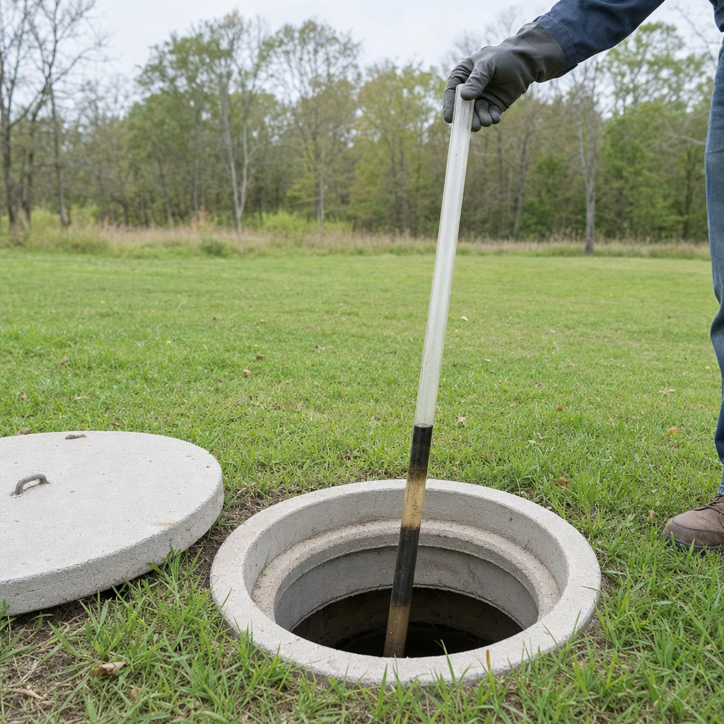 A septic sludge-judge measuring stick lowered into an open San Antonio septic tank to read the depth of the sludge and scum layers before deciding whether a pump-out is due