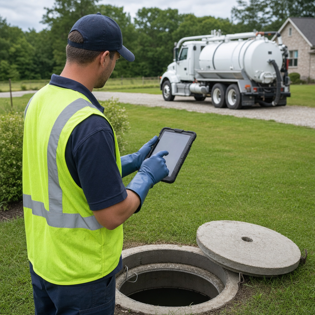 A septic technician recording a San Antonio home's pump-out date and tank condition on a tablet beside an open access lid, tracking the service history that sets the next due date