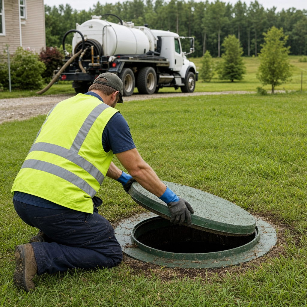 Septic technician kneeling on a San Antonio lawn, lifting the access lid on a residential septic tank