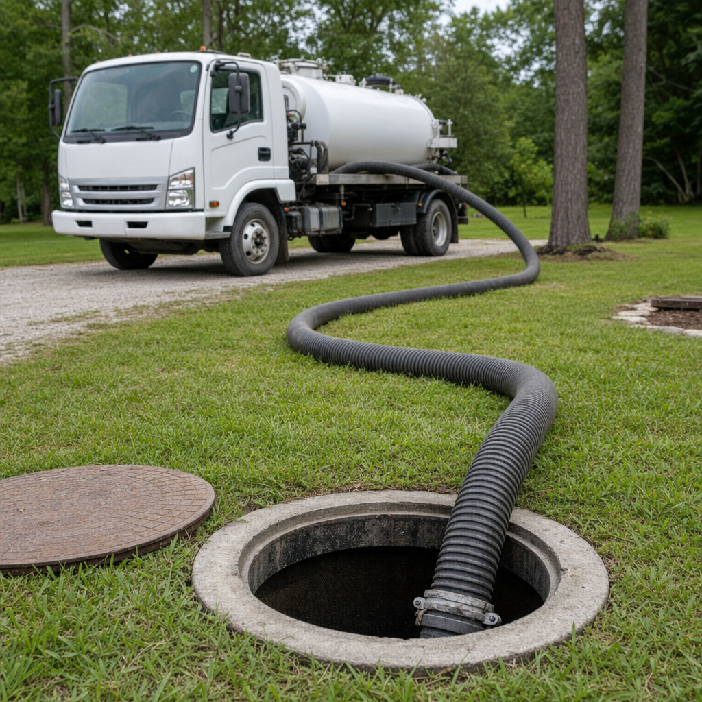 Thick ribbed suction hose lowered into a clean open septic tank port on a tidy San Antonio backyard lawn