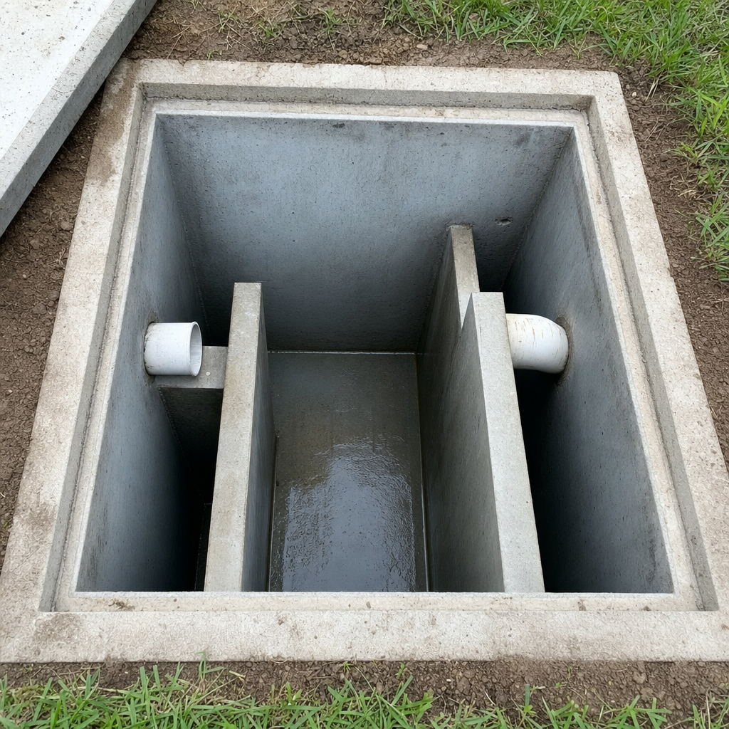 Inspection of the concrete baffles inside an open, emptied and freshly cleaned San Antonio septic tank