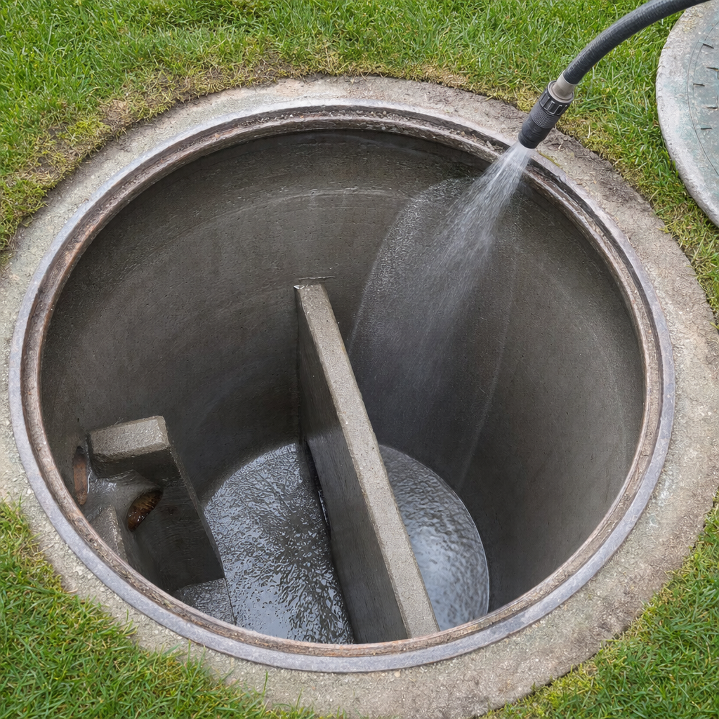 Interior concrete walls of an emptied San Antonio septic tank being rinsed clean with the truck's onboard water hose