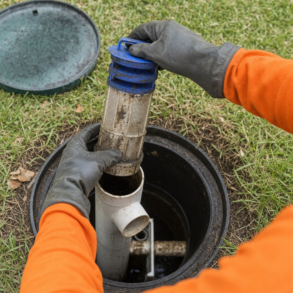Septic technician's gloved hands lifting the effluent filter cartridge out of the outlet housing on a San Antonio septic tank