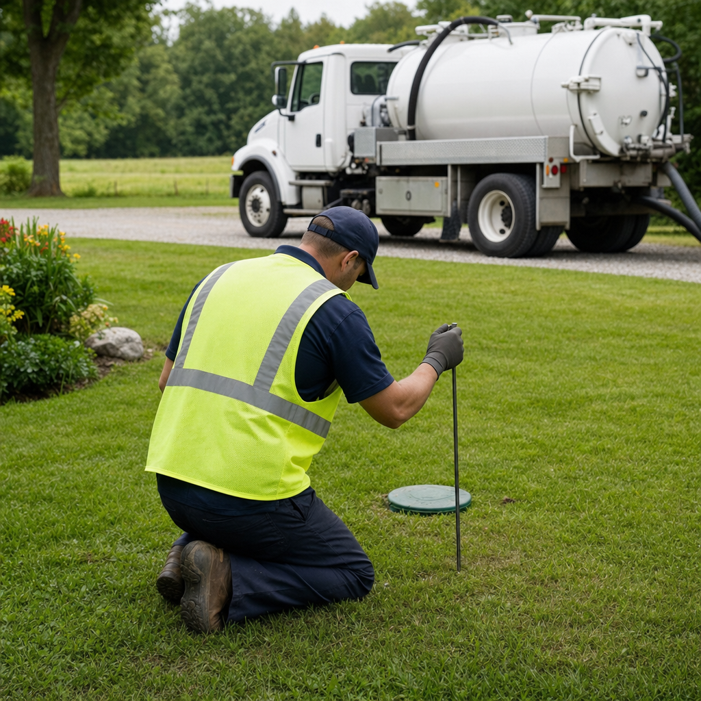 Septic technician kneeling on a San Antonio lawn, probing to locate and measure the depth of a buried septic tank lid before pumping