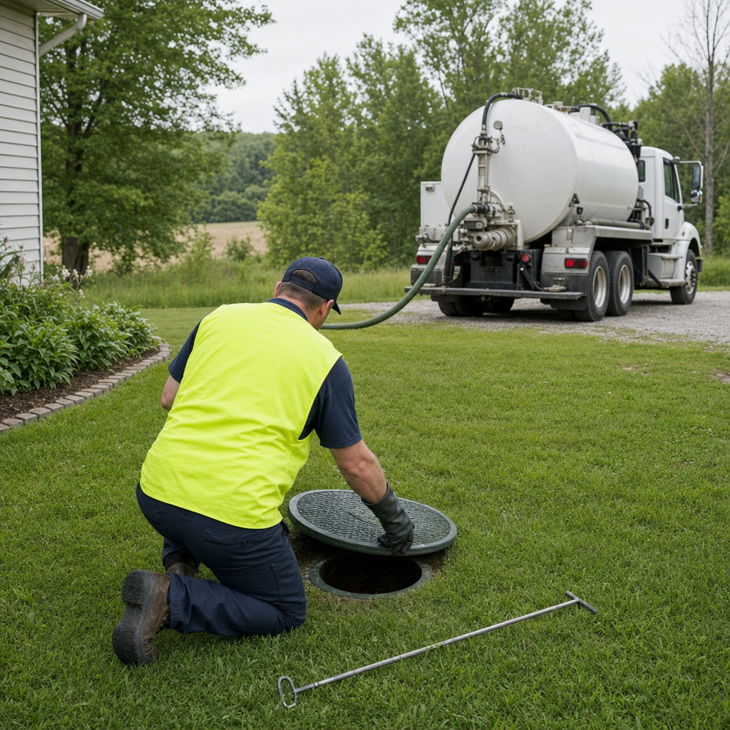Septic technician kneeling on a San Antonio lawn, lifting the buried access lid on a residential septic tank
