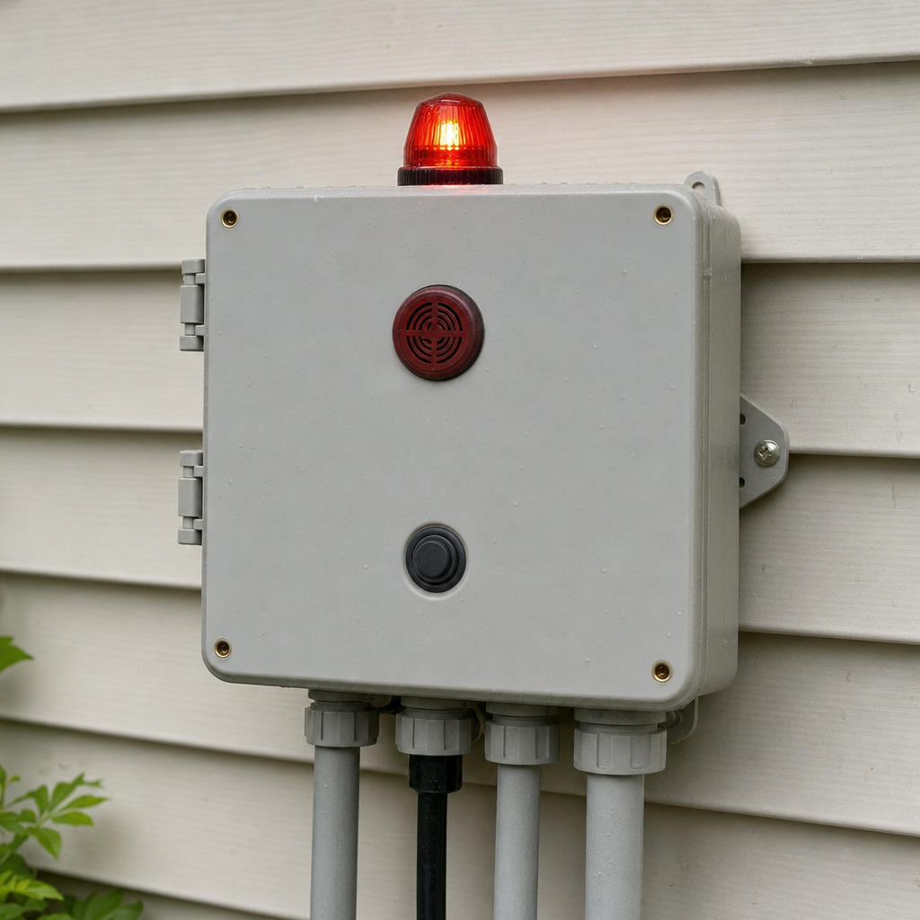 An aerobic septic system control panel mounted outside a San Antonio home with its red high-water alarm light lit
