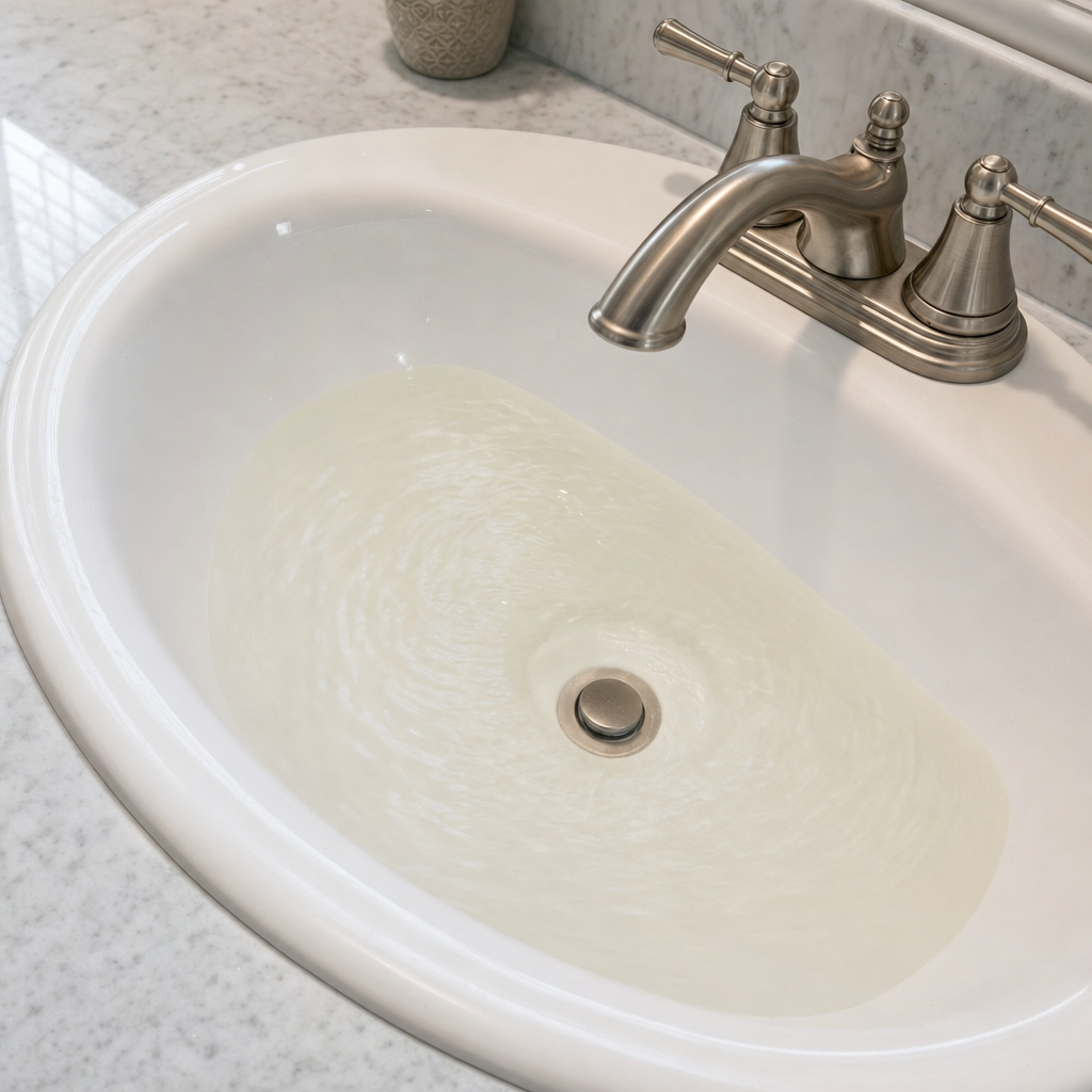 A bathroom sink draining slowly with water pooled in the basin, an early warning sign that a San Antonio septic tank is full